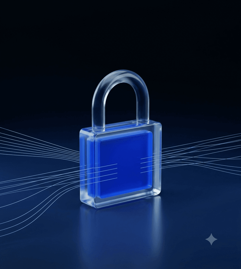 Szklana kłódka na ciemnym tle — symbol cyberbezpieczeństwa